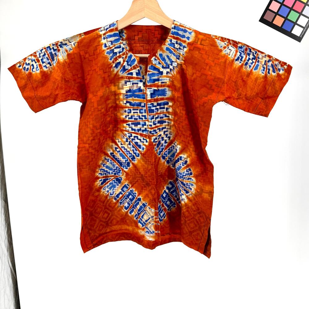 Childrens Orange Blue Tie Dye 100% Cotton Handmade Dashiki Top